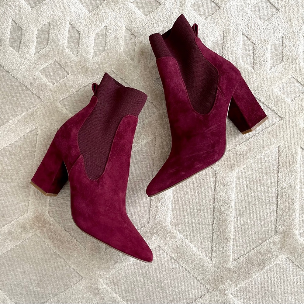 Burgundy Suede sock booties by Steve Madden